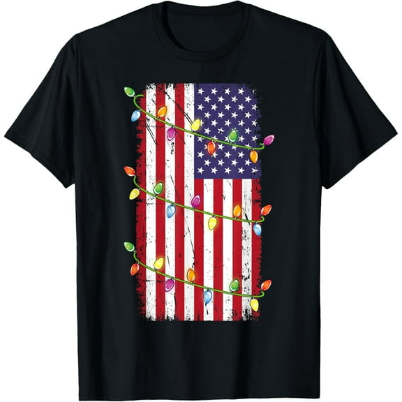 Christmas Lights USA Flag Shirt Patriotic Veteran Christmas T-Shirt