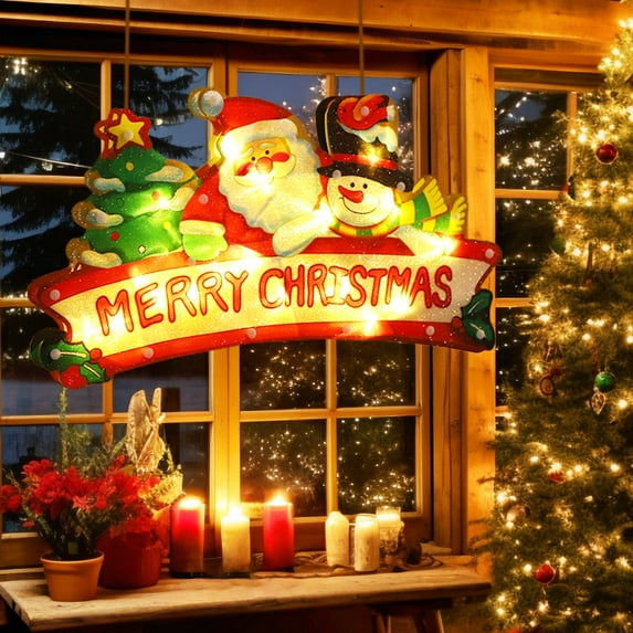 Christmas Lights, Window Decorations, Hanging Christmas Lights for Windows Battery Operated, Double Sided Acrylic Holiday Stickers for Indoor Outdoor Door Porch Tree Party Decor