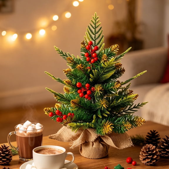 Christmas Linen Base Mini Pine, Xmas Holiday Decor, Winter Tabletop Spruce Tree, Pre-Attached Fruit Accent, Tree For Home Desk Shelf Countertop