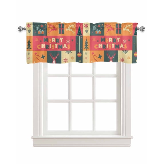 Christmas Linen Curtain Valance for Bedroom/Bathroom/Kitchen/Office/Living/Dining Room Window,Orange Teal Red Plaid Xmas Tree Elk Snowflake Rod Pocket Topper Decorative Cafe Drapes Panel 42"x18"