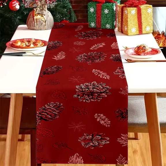 Christmas Linen Table Runner Border Style, Festive Holiday Dining Table Cloth Decoration for Party, Durable Easy Clean Long Table Flag for Christmas Dinner, Elegant Vintage Holiday Decor