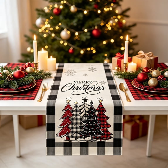 Christmas Linen Table Runner, Christmas Table Cover with Classic Printed Pattern, Washable Dining Table Decoration for Home and Party, 72.05 x 12.99 inch