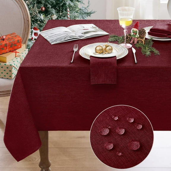 Christmas Linen Textured Rectangle Tablecloth,Waterproof Wipeable Farmhouse Table Cloth,Stain Resistant Wrinkle Free Table Covers for Kitchen Dining Xmas Party (60 x 120,Red/Burgundy)