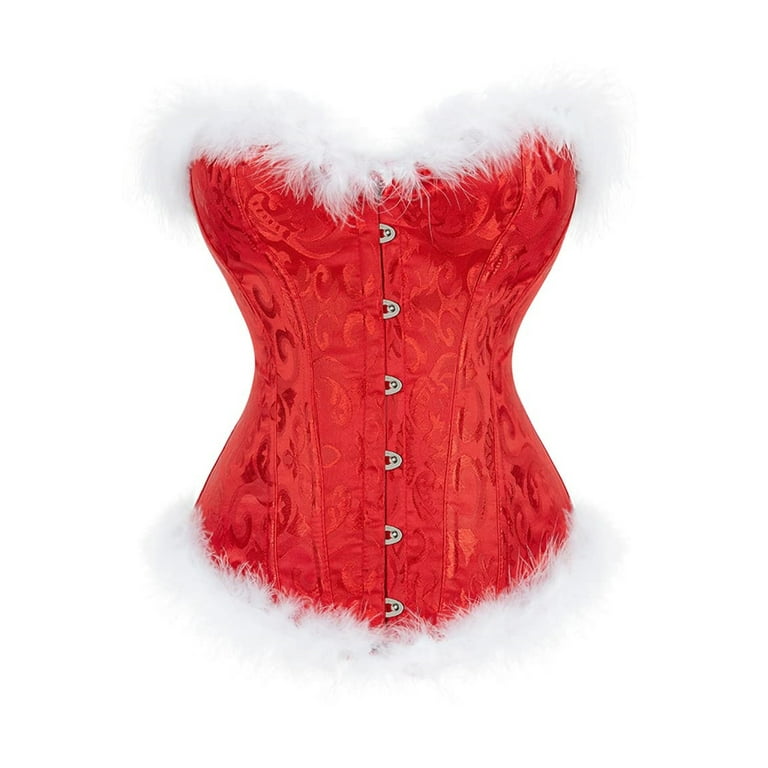 Christmas Lingerie Corset Top for Women Feathers Front Buckle Corset Bustier  Red Naughty Christmas Costumes 