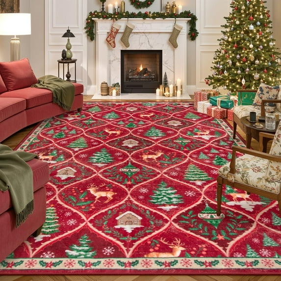 SULUOTE 5' x 7' Christmas Living Room Area Rug, Bedroom Aesthetic Large Washable Carpet, Soft Xmas Tree Stain Resistance Dining Room Carpets