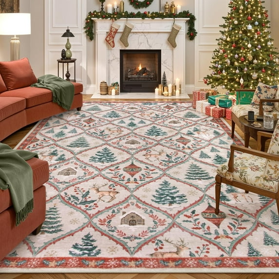 SULUOTE 6' x 8' Christmas Living Room Area Rug, Bedroom Aesthetic Large Washable Carpet, Soft Xmas Tree Stain Resistance Dining Room Carpets