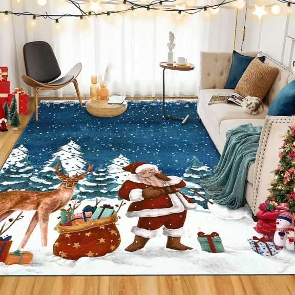 Christmas Living Room Rug, Print Christmas Reindeer Rugs for Bedroom Aesthetic Large Washable Carpet, Soft Xmas Tree Stain Resistance Dining Room Carpets for Under Table