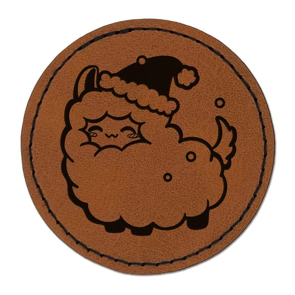 Christmas Llama 2.5" Faux Leather Round Engraved Iron-On Patch - Brown