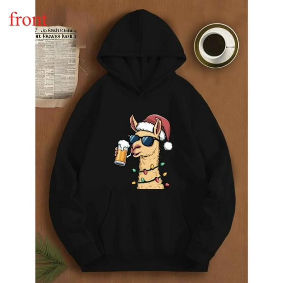 Christmas Llama Sweatshirt Tops Glasses Print Holiday Design Commuting Hooded long-sleeved Black S-2XL