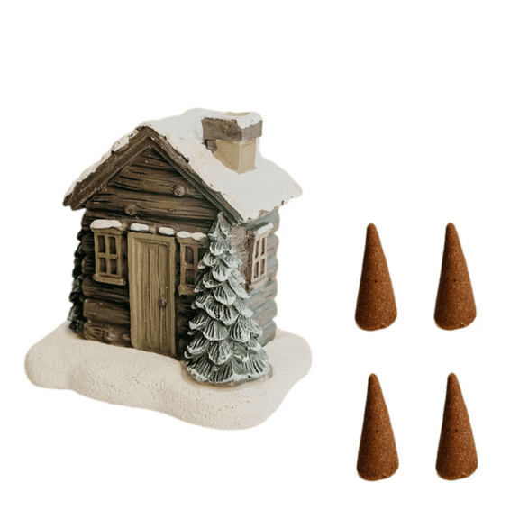 Christmas Log Cabin Incense Burner with Smoking Chimney, Back Flowing Incense Diffuser, Home Chimney Decorations Ornament