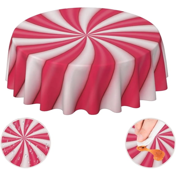 Christmas Lollipop Candy Sugar Red And White Cute Funny Pink Waterproof Picnic Round Table Cloth Cover Decorations Fabric 60 Inch Circular Tablecloth For 20-47 Inch Home Dining Room Kitchen Decor