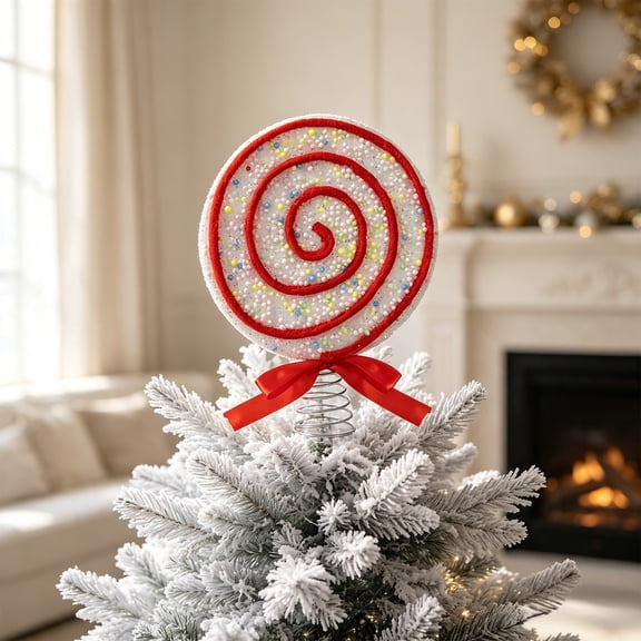 Christmas Lollipop Tree Topper, Glitter Candy Ornament, Xmas Tree Holiday Accent, Grips Tree Top with Spring Base and Adds Playful Sweet Flair for Tree Top, Tabletop, and Mantel Display.