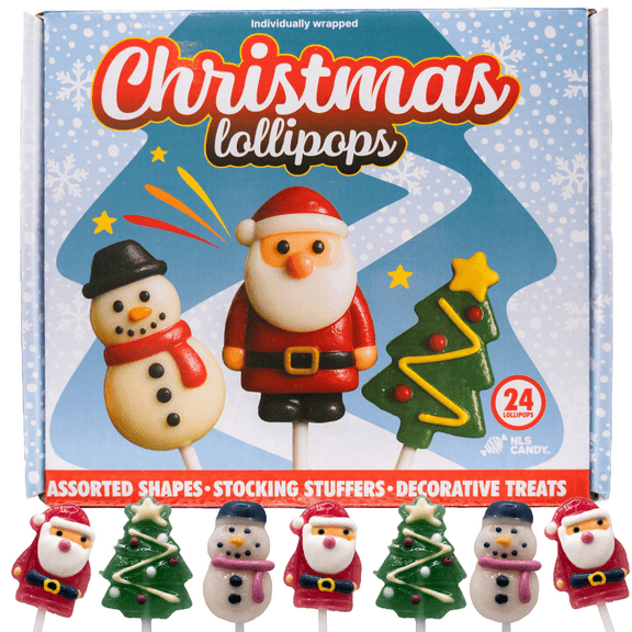 Christmas Lollipops Candy, Santa, Snowman & Christmas Tree, Strawberry Suckers, 24 Count Box