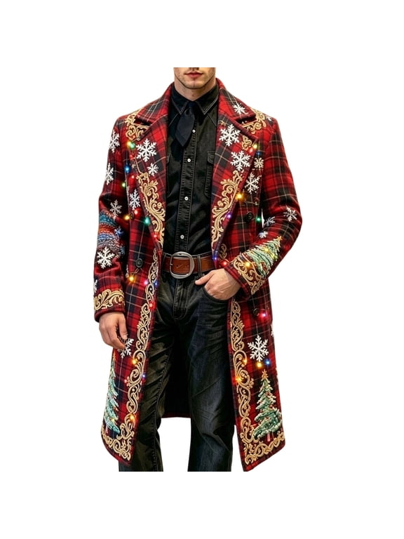 Christmas Long Blazer Jackets for Men Vintage Xmas Holiday Open Front Trench Coat Red XL