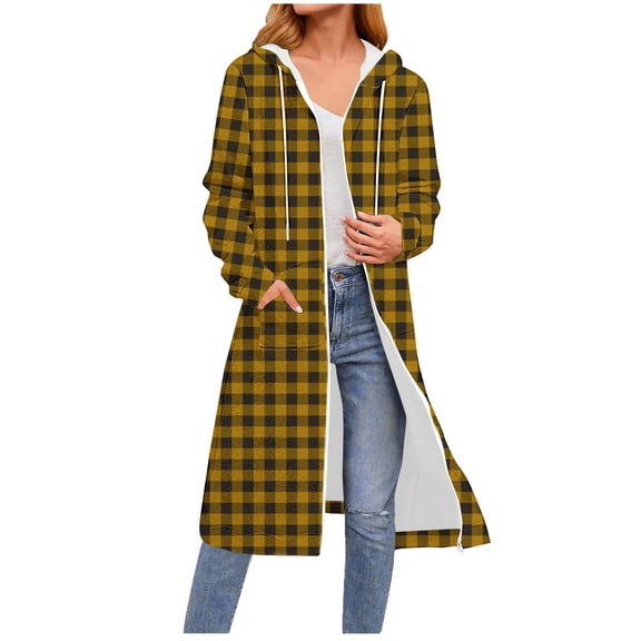 Christmas Long Checkered Flannel Women's Sweatshirts, Zipper Hooded Jackets, Winter Warm Coats