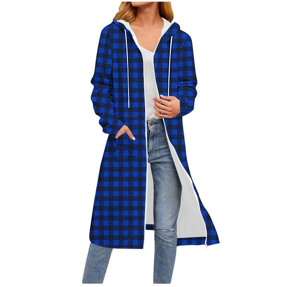 Christmas Long Checkered Flannel Women's Sweatshirts, Zipper Hooded Jackets, Winter Warm Coats