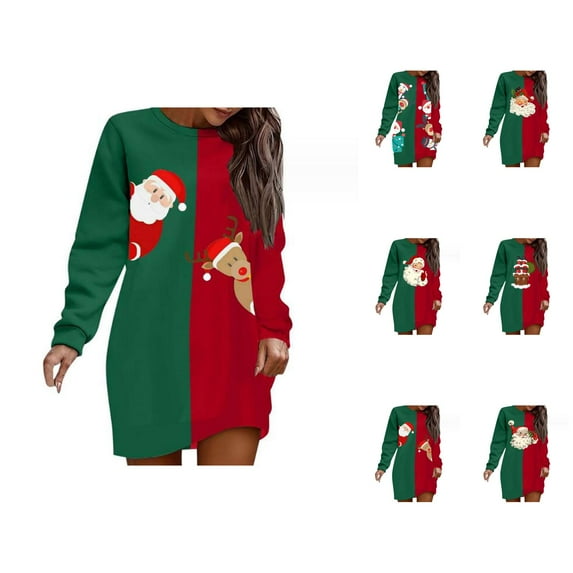 Christmas Long Hoodies for Women 2025 Long Sleeve Color Block Graphic Hooded Sweatshirt Hoodie Dress Pullover Tops