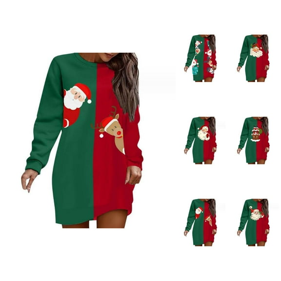 Christmas Long Hoodies for Women 2025 Long Sleeve Color Block Graphic Hooded Sweatshirt Hoodie Dress Pullover Tops