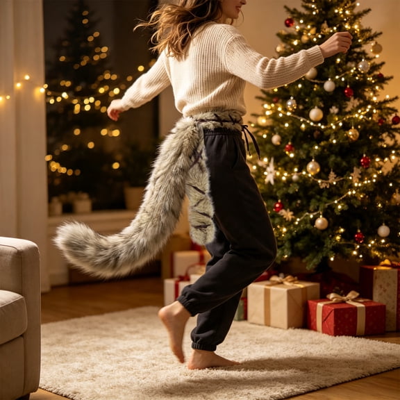 Christmas Long Plush Costume Tail Decoration, 190 cm, Gray, Plush, Soft Novelty Holiday Party Accessory, for Christmas Costume, Cosplay, Family Photos, Indoor Decor and Seasonal Events