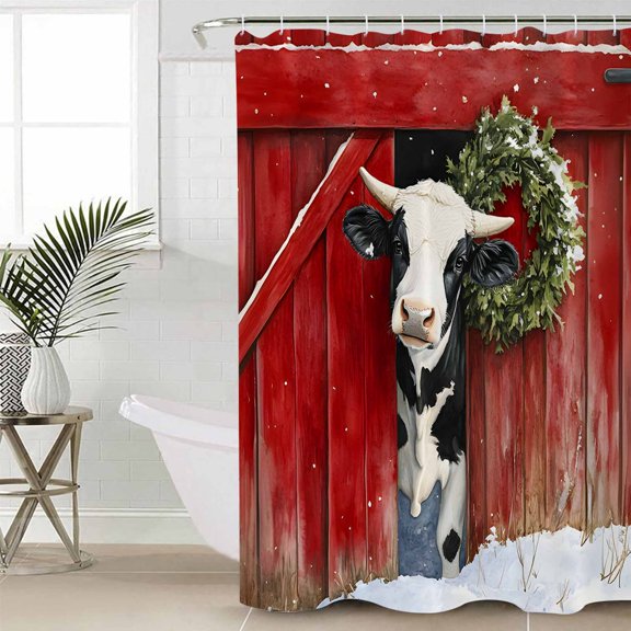 Christmas Long Shower Curtain Set, Waterproof Shower Curtains for Bathroom, Red Farmhouse Cow Green Wreath Vintage Washable Fabric Cloth Bath Curtain for Bathtub Decoration with Hooks 72x84 Inches