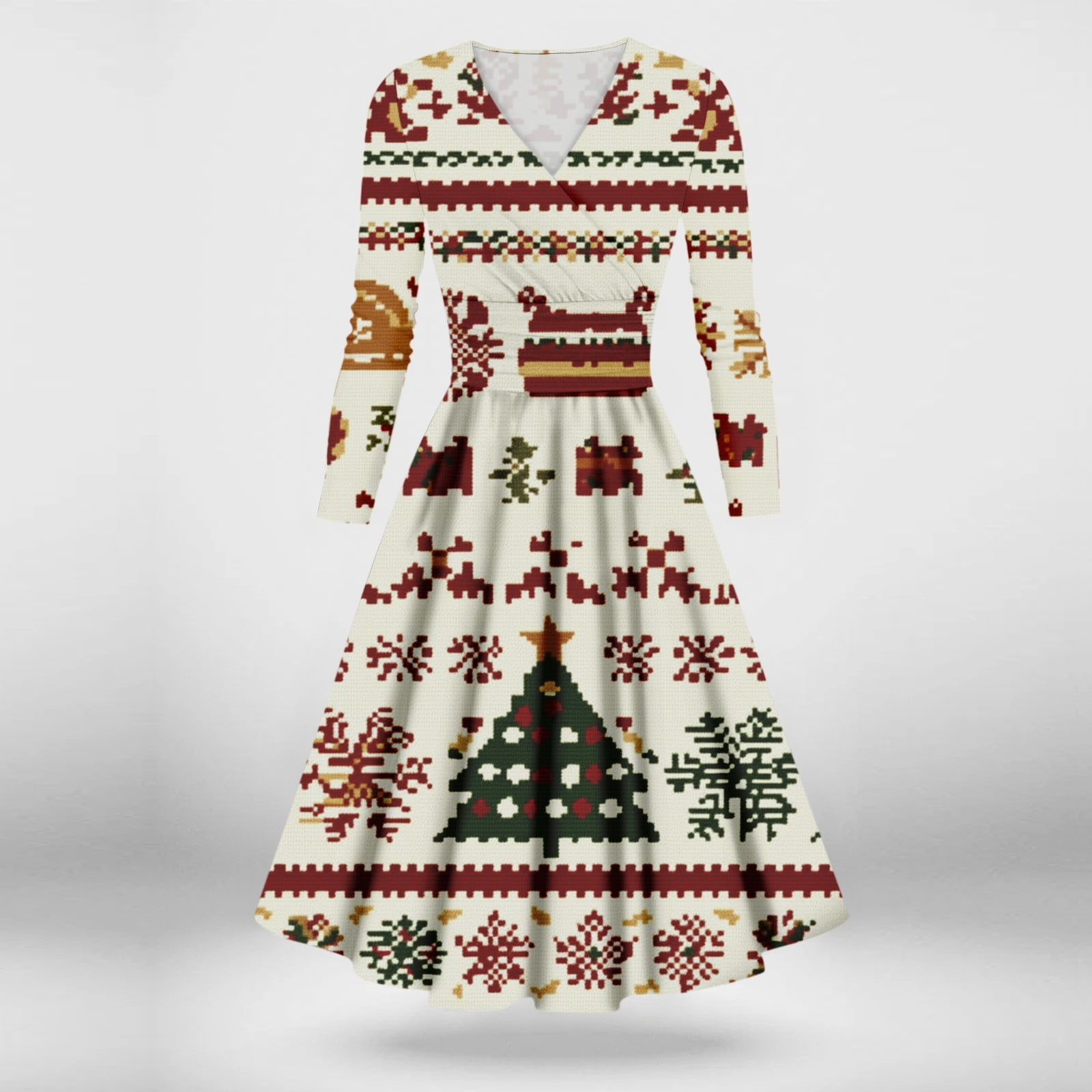 Christmas Long Sleeve Dress for Women Pleated V Neck Holiday Party