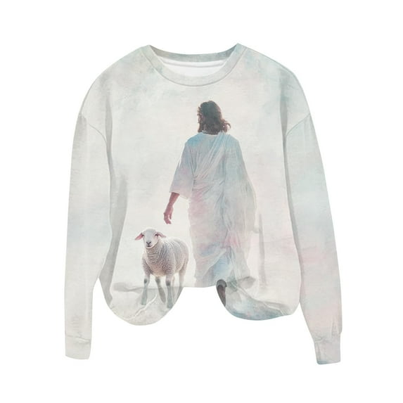 Christmas Long Sleeve Pullover Shirts for Women Graphic Jesus Printed Round Neck Sweatshirt Loose Holiday Tops (M, White 02)
