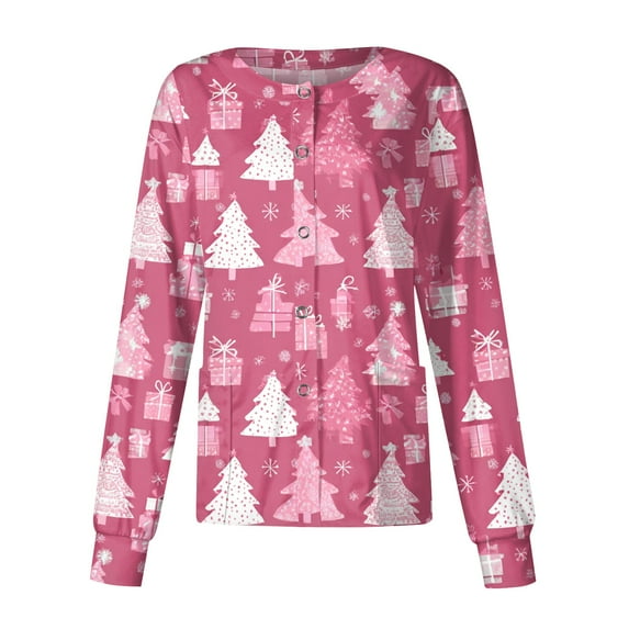 Christmas Long Sleeve Scrub Jacket for Woman Funny Xmas Pattern Scrub Jackets Christmas Open Front Nurse Uniforms Workwear Tops with Pockets