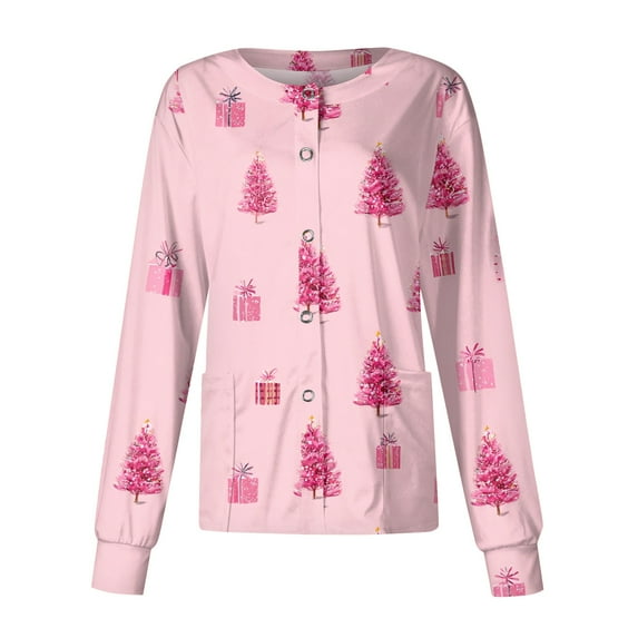 Christmas Long Sleeve Scrub Jacket for Woman Funny Xmas Pattern Scrub Jackets Christmas Open Front Nurse Uniforms Workwear Tops with Pockets