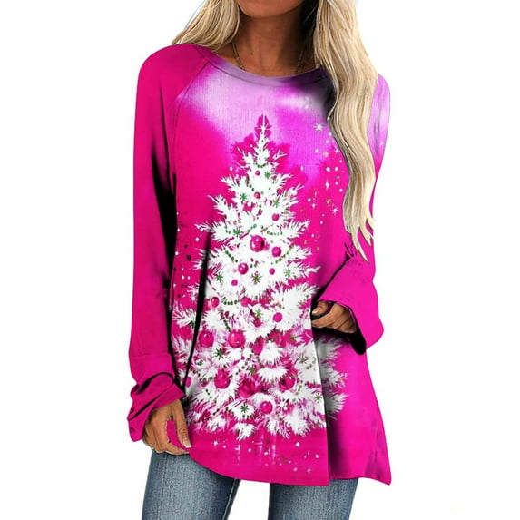 Christmas Long Sleeve Shirts for Women Bling Christmas Tree Print Tunic Tops Round Neck Casual Holiday Shirt Sweatshirt Womens Sweaters Sweatshirt Shirt