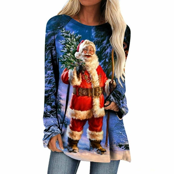 Christmas Long Sleeve Shirts for Women Bling Christmas Tree Print Tunic Tops Round Neck Casual Holiday Shirt Sweatshirt Womens Clearance Sweaters Sweatshirt Shirt