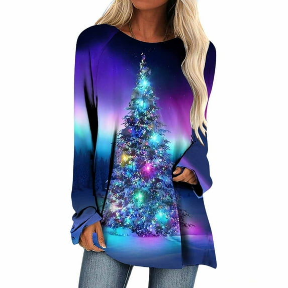 Christmas Long Sleeve Shirts for Women Bling Christmas Tree Print Tunic Tops Round Neck Casual Holiday Shirt Sweatshirt Womens Clearance Sweaters Sweatshirt Shirt