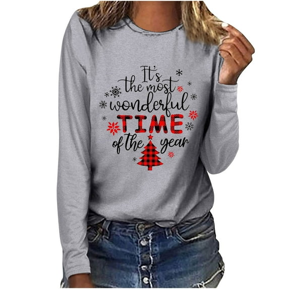 Christmas Long Sleeve Shirts for Women Buffalo Plaid Christmas Tree Shirt Round Neck Casual Sweatshirt Christmas Gifts Womens Clothing Cheap