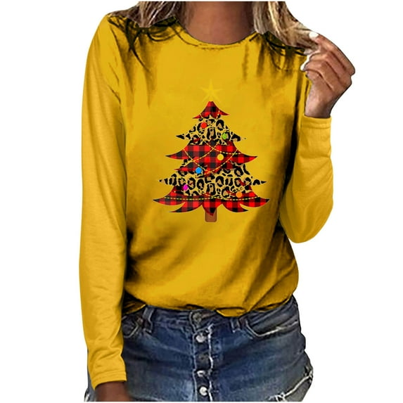 Christmas Long Sleeve Shirts for Women Buffalo Plaid Christmas Tree Shirt Round Neck Casual Sweatshirt Christmas Gifts Womens Clothing Cheap