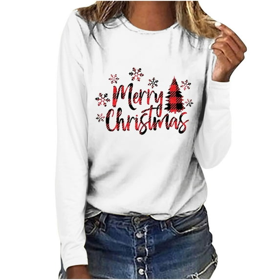 Christmas Long Sleeve Shirts for Women Buffalo Plaid Christmas Tree Shirt Round Neck Casual Sweatshirt Christmas Gifts Womens Clothing Cheap