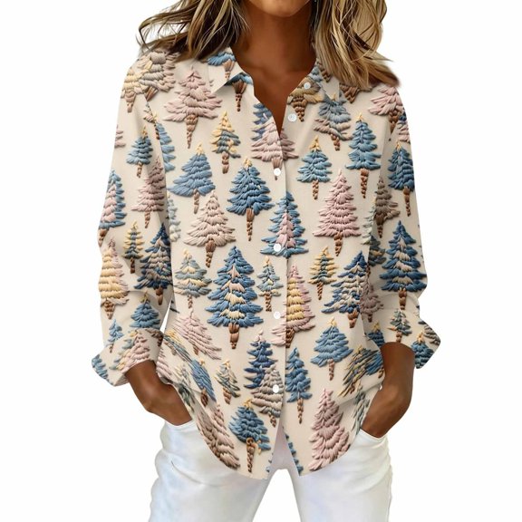 Christmas Long Sleeve Shirts for Women Button Down V Neck Shirts for Women Sparkly Printed Top Polo Shirt Fall Themed Shirt Western Christmas Shirt Sequin Xmas Tops Family Christmas Outfits,Beige,L