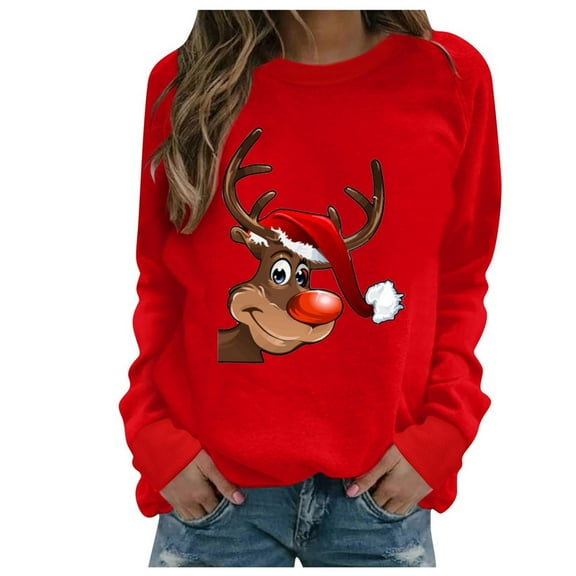 Christmas Long Sleeve Shirts for Women Colorful Christmas Reindeer Shirt Deer Print Xmas Blouse Sweatshirt Pullover Tops Womens Sweaters Sweatshirt Shirt
