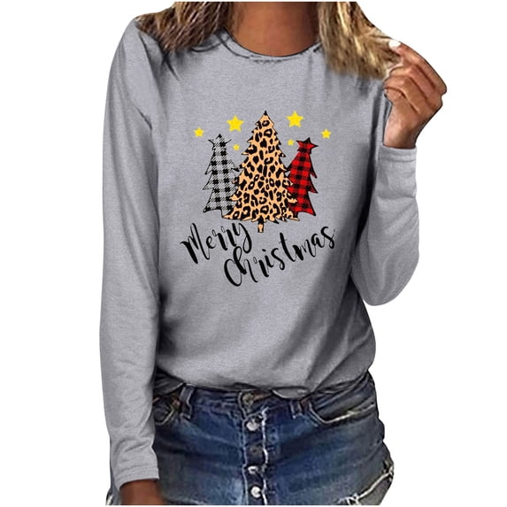 Christmas Long Sleeve Shirts for Women Funny Xmas Gifts Christmas Tree Print Sweatshirt Holiday Graphic Shirts Blouse Womens Clothing Cheap