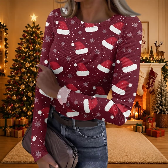 Christmas Long Sleeve Shirts for Women Y2k Ribbed Fitted Slim Funny Xmas Santa Hat Print Tee Blouses Fall Fashion Basic Party Crew Neck Casual T-Shirts