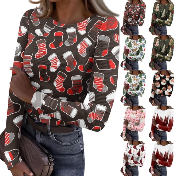 Christmas Long Sleeve Shirts for Women Y2k Ribbed Fitted Slim Funny Xmas Tree Snowflake Print Underwear Tops Trendy Basic Holiday Casual Round Neck T-Shirts