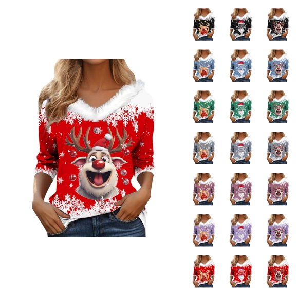 Christmas Long Sleeve Shirts for Women 2025 V Neck Trim Festive Graphic T Shirt Family Holiday Xmas Blouse Tops