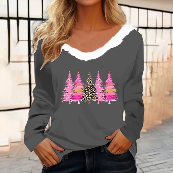 Christmas Long Sleeve Shirts for Women Aloohaidyvio Womens Long Sleeve Furry Trim V Neck Basic Tee Fall Christmas Tops