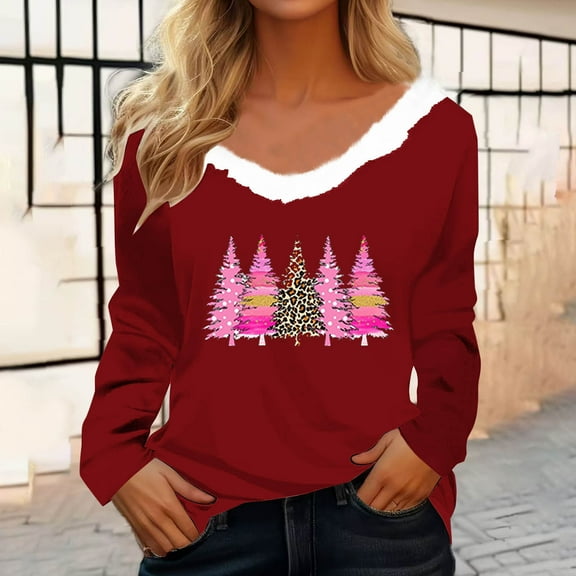 Christmas Long Sleeve Shirts for Women Aloohaidyvio Womens Long Sleeve Furry Trim V Neck Basic Tee Fall Christmas Tops