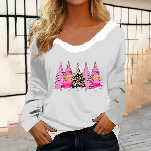 Christmas Long Sleeve Shirts for Women Aloohaidyvio Womens Long Sleeve Furry Trim V Neck Basic Tee Fall Christmas Tops