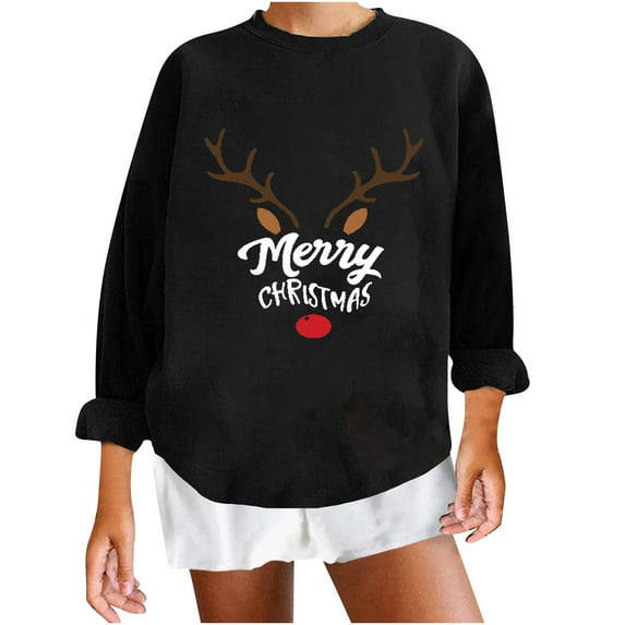 Christmas Long Sleeve Shirts for Women Antlers Print Sweatshirts Loose Long Sleeve Pullover Holiday Party Sweatshirt pullover hoodie