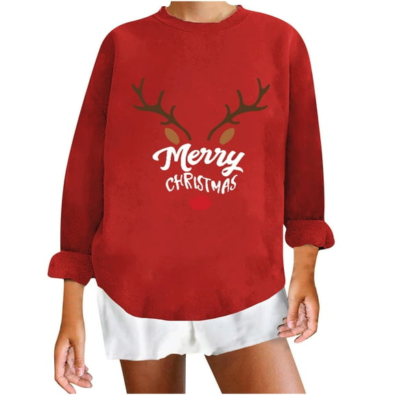 Christmas Long Sleeve Shirts for Women Antlers Print Sweatshirts Loose Long Sleeve Pullover Holiday Party Sweatshirt pullover hoodie