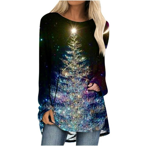 Christmas Long Sleeve Shirts for Women Christmas Tree Print Tunic Long Sleeve Round Neck Tunic Tops Trendy Sweatshirts