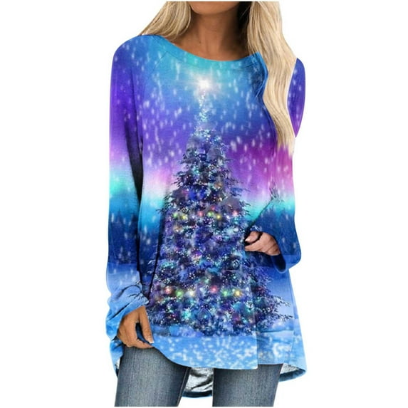 Christmas Long Sleeve Shirts for Women Christmas Tree Print Tunic Long Sleeve Round Neck Tunic Tops Trendy Sweatshirts