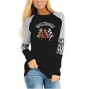 WXLWZYWL Christmas Long Sleeve Shirts for Women Merry Christmas Print T Shirt Xmas Leopard Tree T-shirt Holiday Graphic Tee Tops