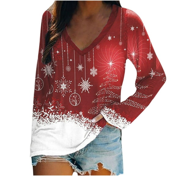 Christmas Long Sleeve Shirts for Women Snowflake Print Shirts Casual V Neck Long Sleeve Shirts Loose Fit Tunic Tops on Womens Sweatshirt