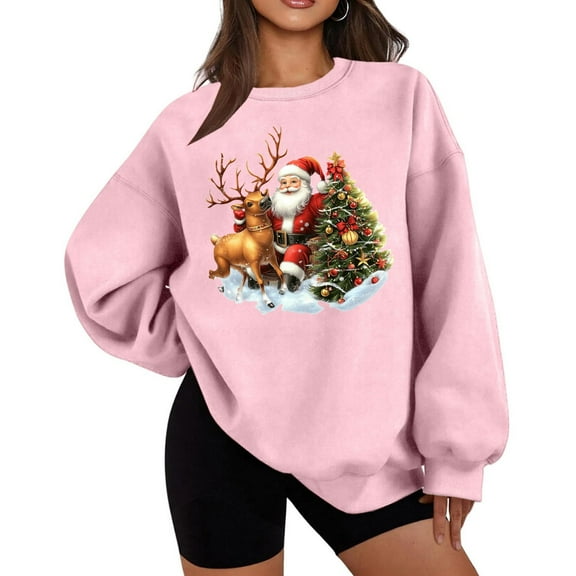 Christmas Long Sleeve Shirts for Women Thin Fleece Round Neck Christmas Print Loose Hoodless Sweatshirt